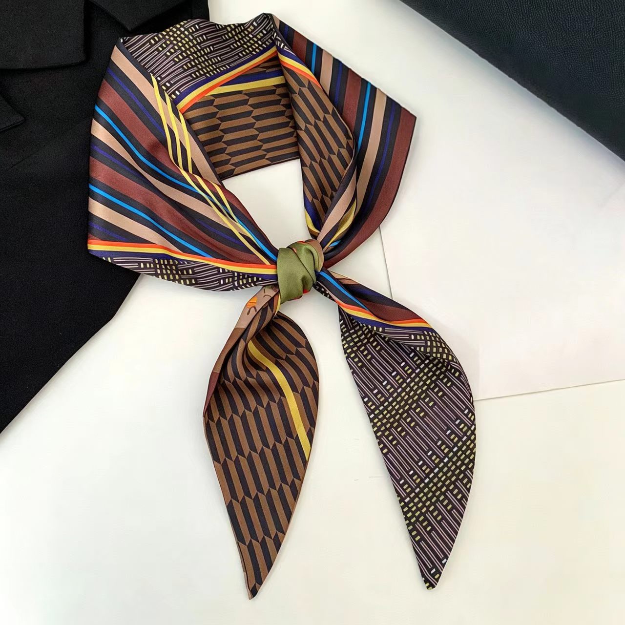 Silk Neck Scarf - Luxury Print Long Hair Ribbon Bevel