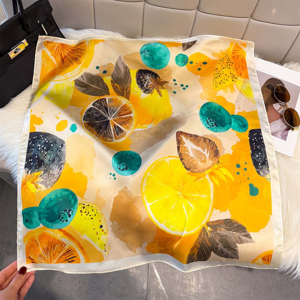 Fashion Lemon Fruit Pattern Sq - огляд і ціна Silk Neck Scarf